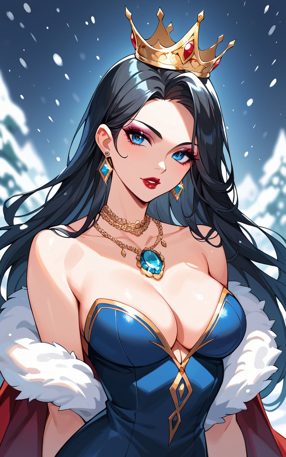 score_9,score_8_up,score_7_up, 1girl,long hair,looking at viewer,blue eyes,black hair,dress,cleavage,jewelry,medium breasts,upper body,earrings,necklace,cape,lips,fur trim,makeup,crown,lipstick,gem,snow,eyeshadow,snowing