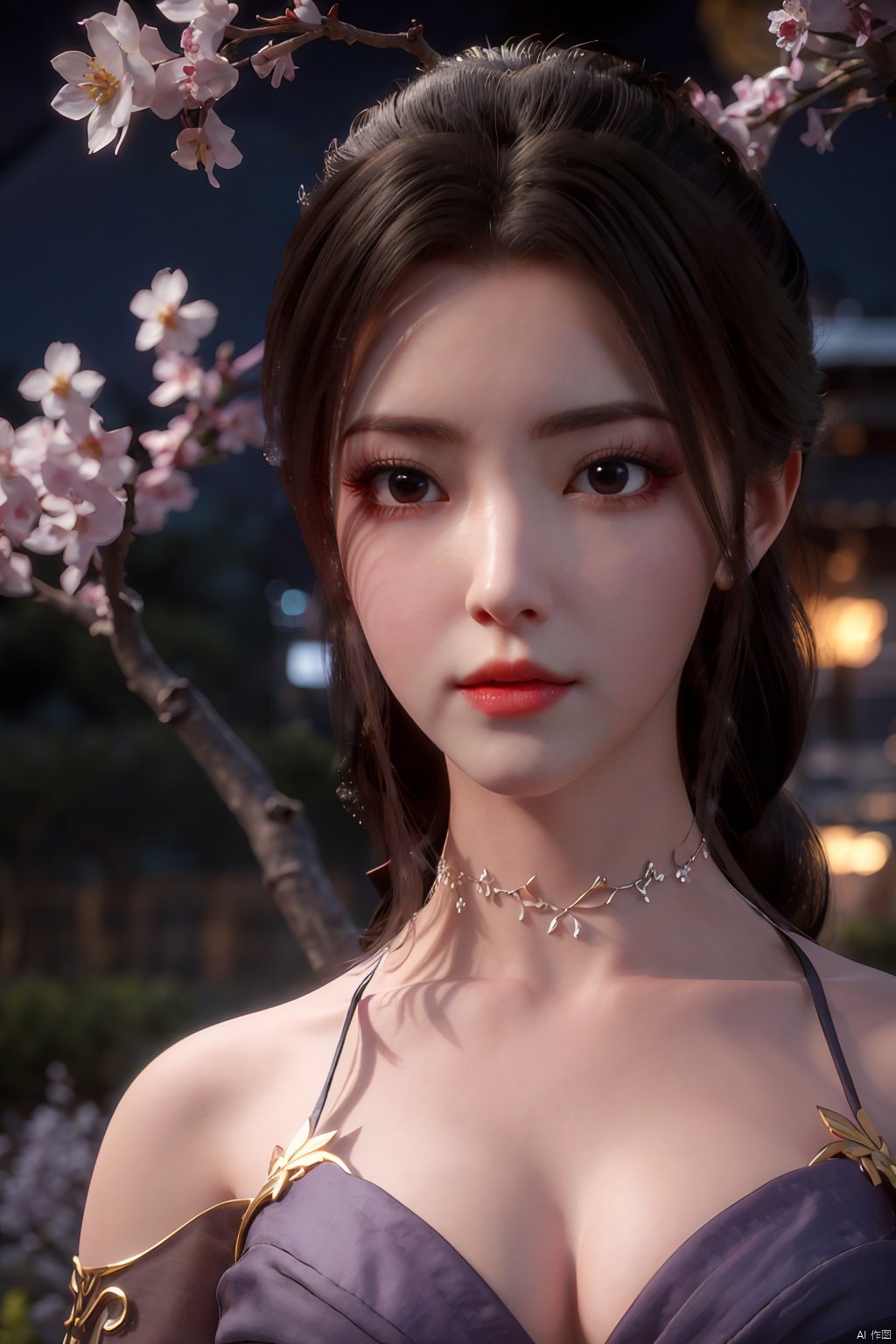  Upper body, panoramic view, exploring cherry blossom branches, fairyland, light blue elements, night, side light shining on the face,Xlujiejie,Xyunxi, Xlongnv, Yunxiao_Fairy,Xtianhu