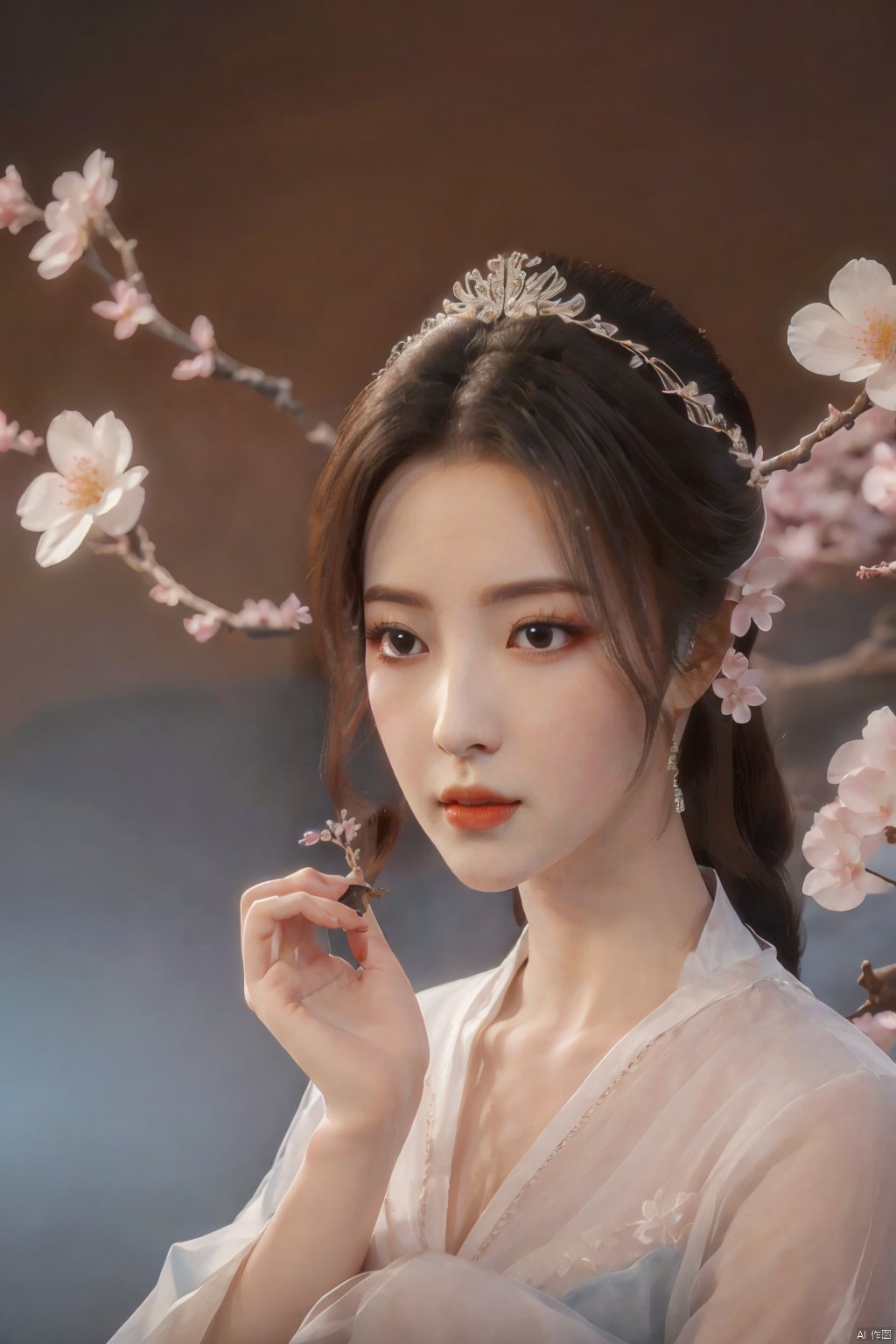  Upper body, panoramic view, exploring cherry blossom branches, fairyland, light blue elements, night, side light shining on the face,Xlujiejie,Xyunxi, Xlongnv, Yunxiao_Fairy,Xtianhu