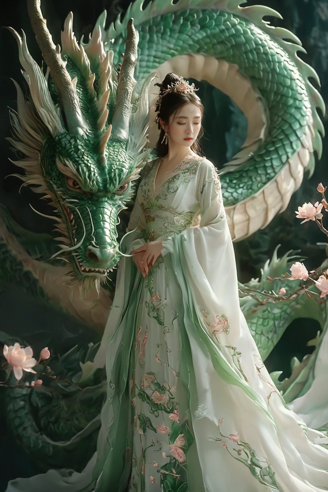 A serene scene where a woman, adorned in a traditional green and white dress, stands gracefully beside a majestic green dragon. The woman wears an ornate headpiece and holds a delicate object in her hand. The dragon, with its intricate scales and fierce yet calm expression, wraps around her, creating a protective and harmonious bond between them. The backdrop is dark, with subtle lighting highlighting the dragon and the woman, and there are floating pink flowers adding to the ethereal atmosphere.,xxmixgirl