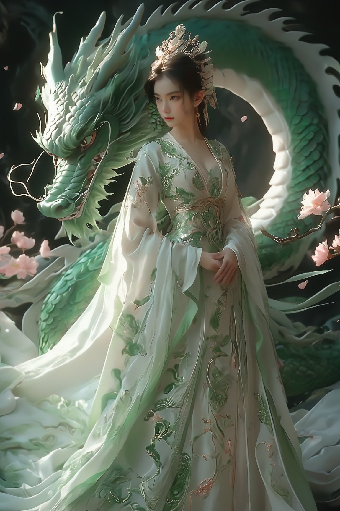 A serene scene where a woman, adorned in a traditional green and white dress, stands gracefully beside a majestic green dragon. The woman wears an ornate headpiece and holds a delicate object in her hand. The dragon, with its intricate scales and fierce yet calm expression, wraps around her, creating a protective and harmonious bond between them. The backdrop is dark, with subtle lighting highlighting the dragon and the woman, and there are floating pink flowers adding to the ethereal atmosphere.,xxmixgirl