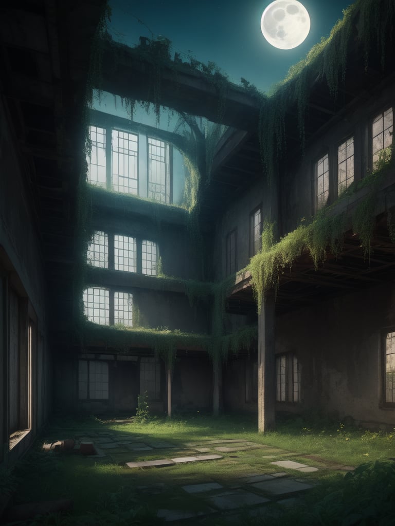 FuturEvoLabScene, ruins scene, ruins, Night, Moonlight, indoors, no humans, window, sunlight, scenery, overgrown