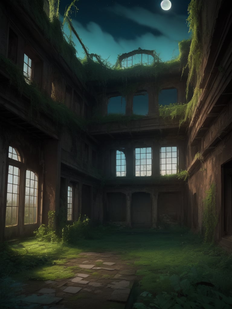 FuturEvoLabScene, ruins scene, ruins, Night, Moonlight, indoors, no humans, window, sunlight, scenery, overgrown