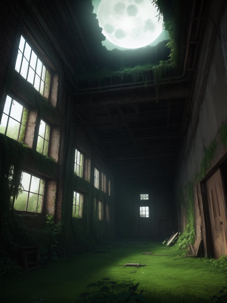 FuturEvoLabScene, ruins scene, ruins, Night, Moonlight, indoors, no humans, window, sunlight, scenery, overgrown