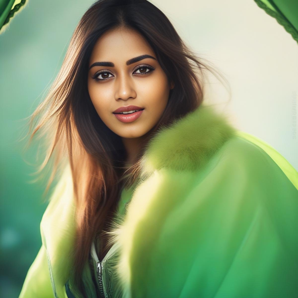 NivethaPethuraj, (art by Paul Chabas:1.1) , (art by Rebeca Saray:0.8) , portrait,close up of a [Refined|Lifeless] Girl, Paragliding, wearing Callous Bohemian fluorescent green Fur coat, Illustration, Instax,  <lora:NivethaPethurajSDXL:1>