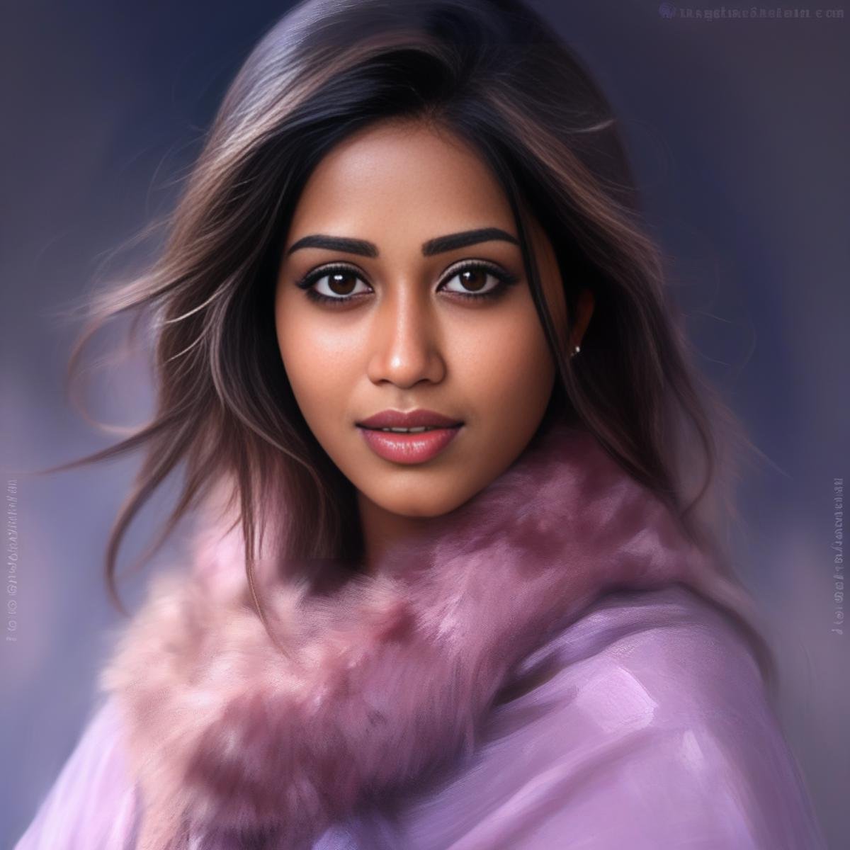 NivethaPethuraj, art by Francisco Goya, portrait,close up of a Underwater Handsome Girl, Grotesque Rings, Fur Scarf, tilt shift, Rough sketch, Mauve lighting,  <lora:NivethaPethurajSDXL:1>