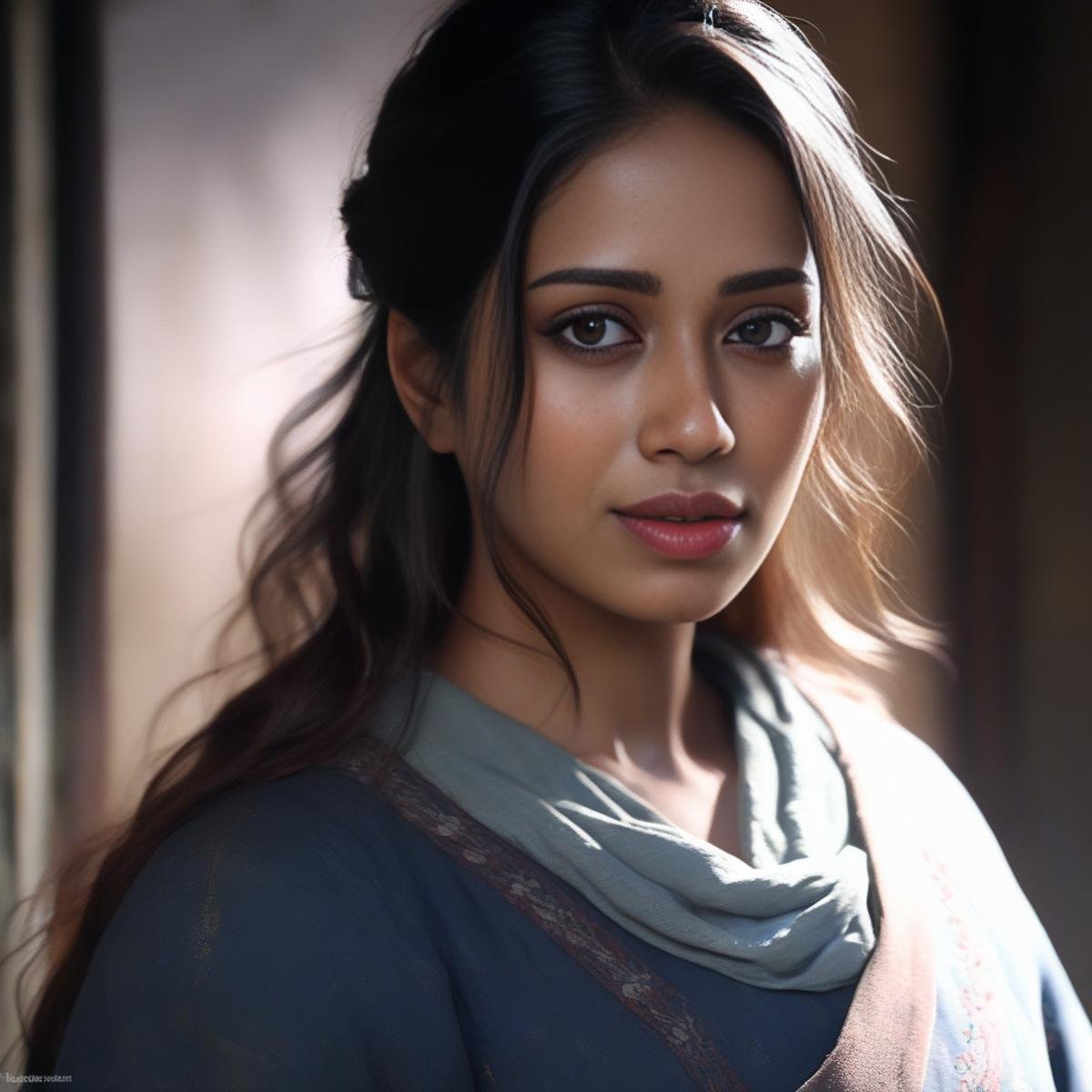 NivethaPethuraj, art by Nikolay Makovsky, portrait,close up of a Desolate Melancholy French Female, Hunter, wearing winter dress, Bathed in shadows, Anime screencap, Dreamcore, Bloom light, RTX,  <lora:NivethaPethurajSDXL:1>