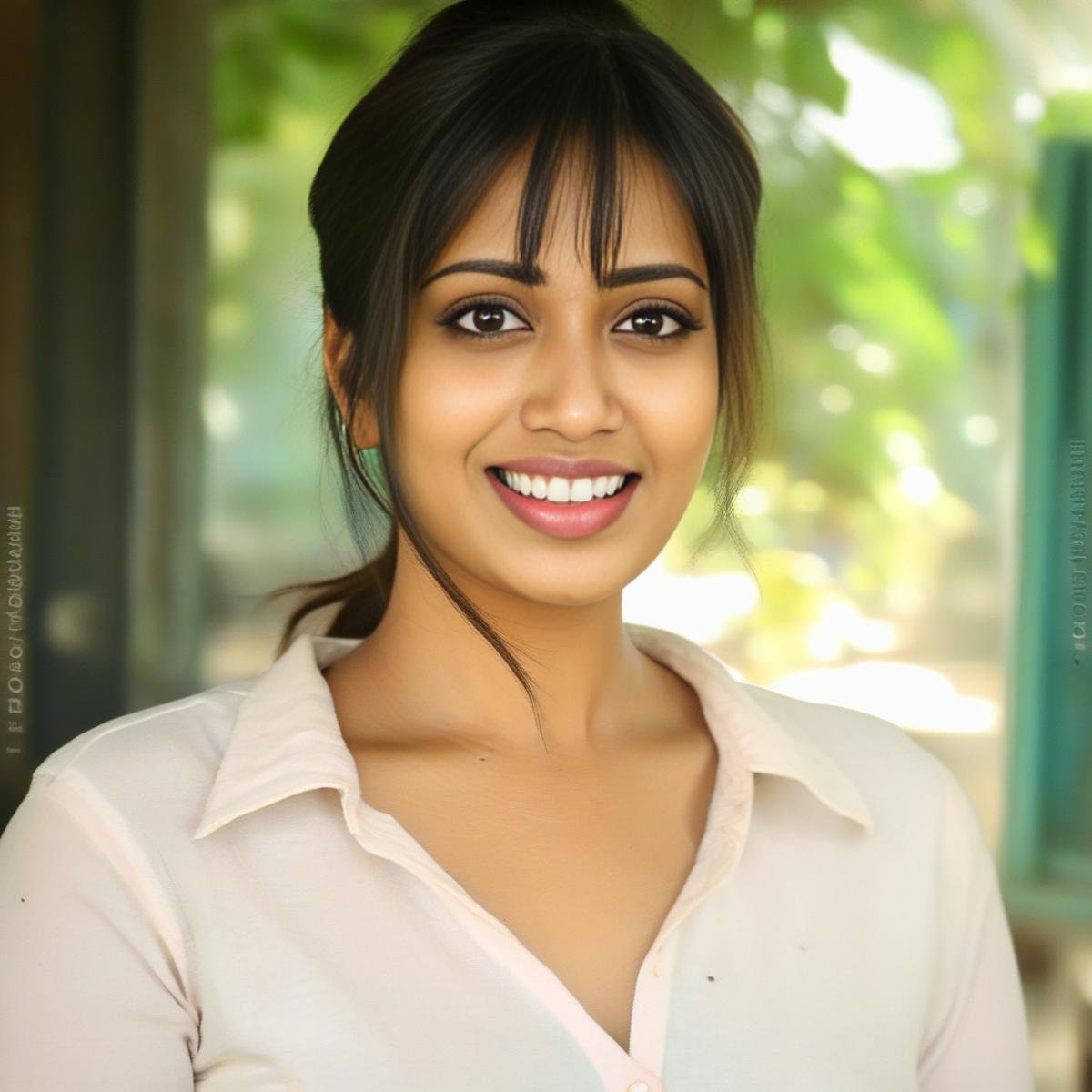 NivethaPethuraj, portrait,close up of a Witty Female, wearing Ivory dark pastel Collared shirt, Bokeh, monotype, Depth of field 270mm,  <lora:NivethaPethurajSDXL:1>