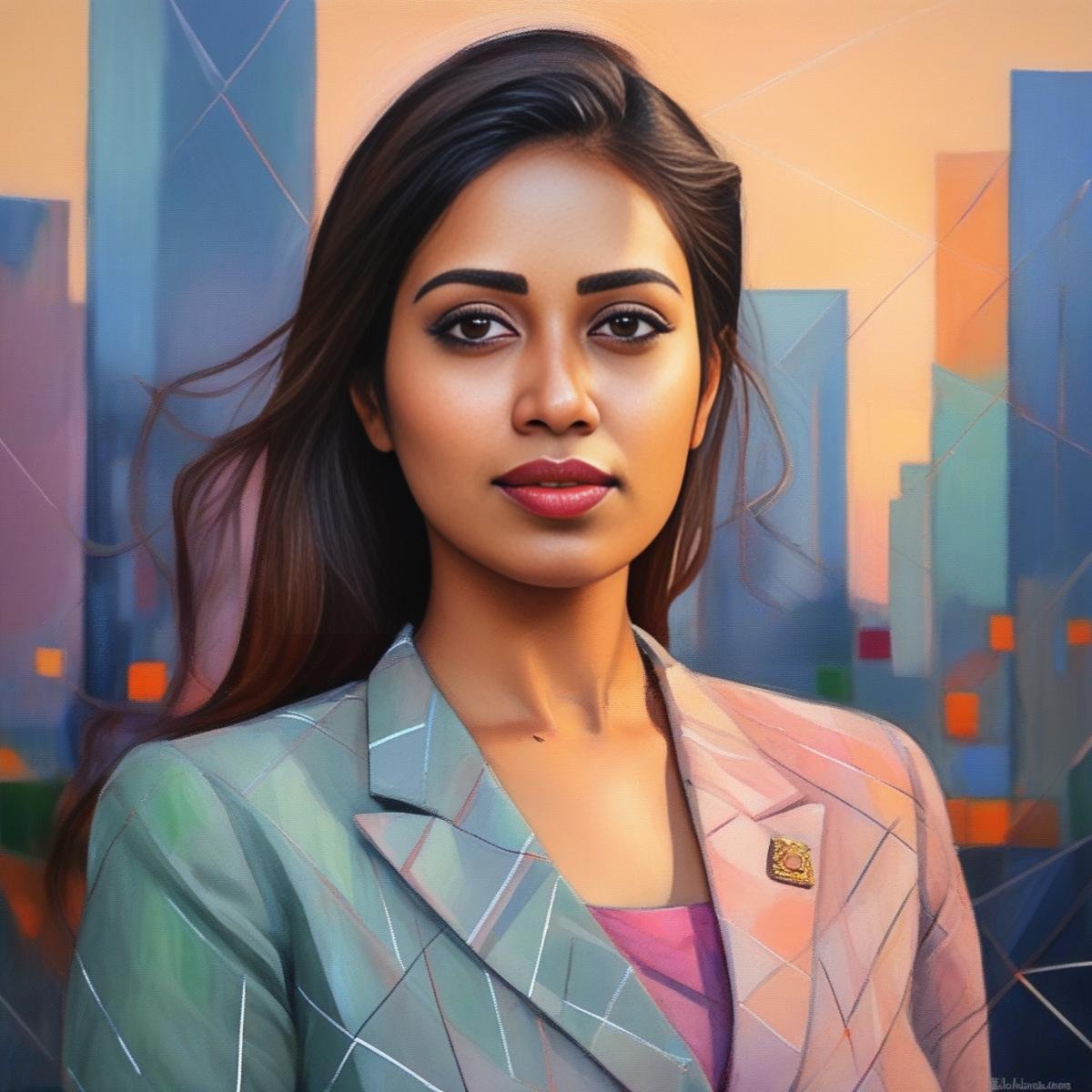 NivethaPethuraj, portrait, behance,close up of a Evil fit Female, Brigadier General, wearing summer suit, lush cityscape, at Dawn, deep focus, Illustration, Geometric Abstract Art, 80mm, Pastel Colors, art by Bill Traylor,  <lora:NivethaPethurajSDXL:1>