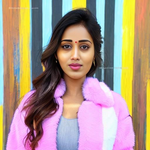 (NivethaPethuraj) , photograph, Digital Age Woman, wearing Fur DayGlo pink Striped shirt and denim shorts, Fall, Screen print, Remodernism, short lighting, Sony A9 II, 50mm, (art by Kevin McNeal:1.1) ,art by Deirdre Sullivan-Beeman,  <lora:NivethaPethurajSD1.5:1>