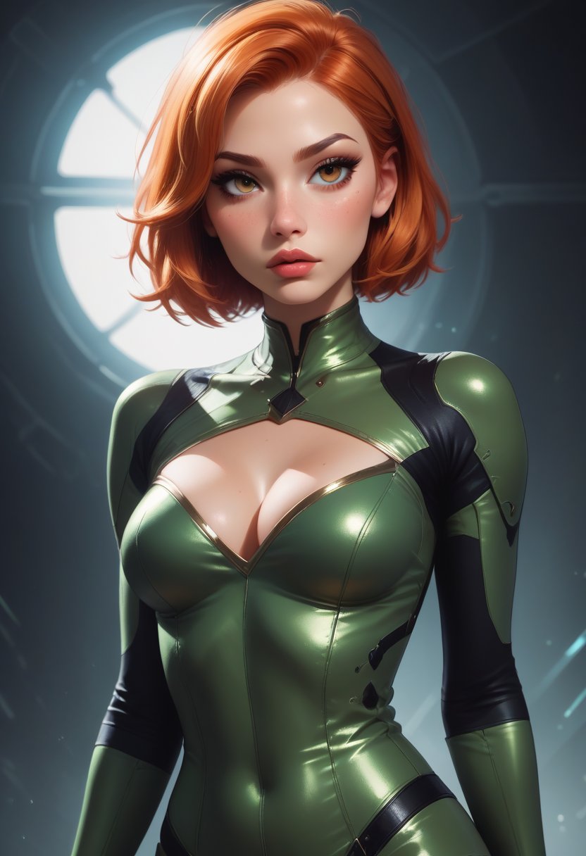 score_9, score_8_up, score_7_up, score_6_up, score_5_up, score_4_up score_9,score_8_up,  3D rendering, female character, digital art, photorealistic,scaled green body suit, heart shaped cutout, orange short bobbed hair,long eyelashes, subtle makeup, light skin, high-resolution image, soft lighting, dramatic lighting, spaceship background, science fiction, chiaroscuro, score_4_up