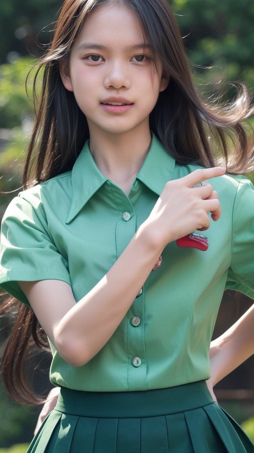 1girl, solo, long hair, looking at viewer, open mouth, simple background, shirt, black hair, white background, short sleeves, cowboy shot, buttons, watch, realistic, green shirt, wristwatch, ((16 years old)), ((asian)), ((high school uniform)), ((green shirt)), ((black skirt)),  ((POV)), ((close-up)), 