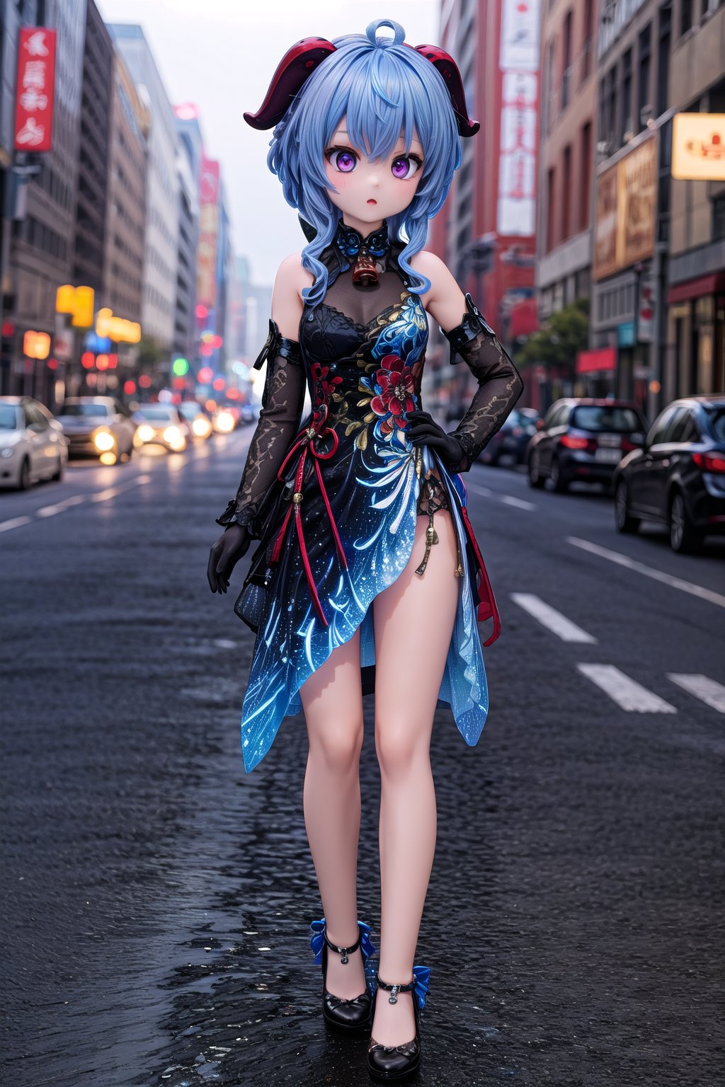 1girl, solo_female, full body view of Ganyu_Impact, horns, blue hair, bell, purple eyes, outdoors, show me your beautiful alternate costume, blurry_background, HDR, 32k UHD, insane detailed, blue dress, ahoge, detached sleeves,