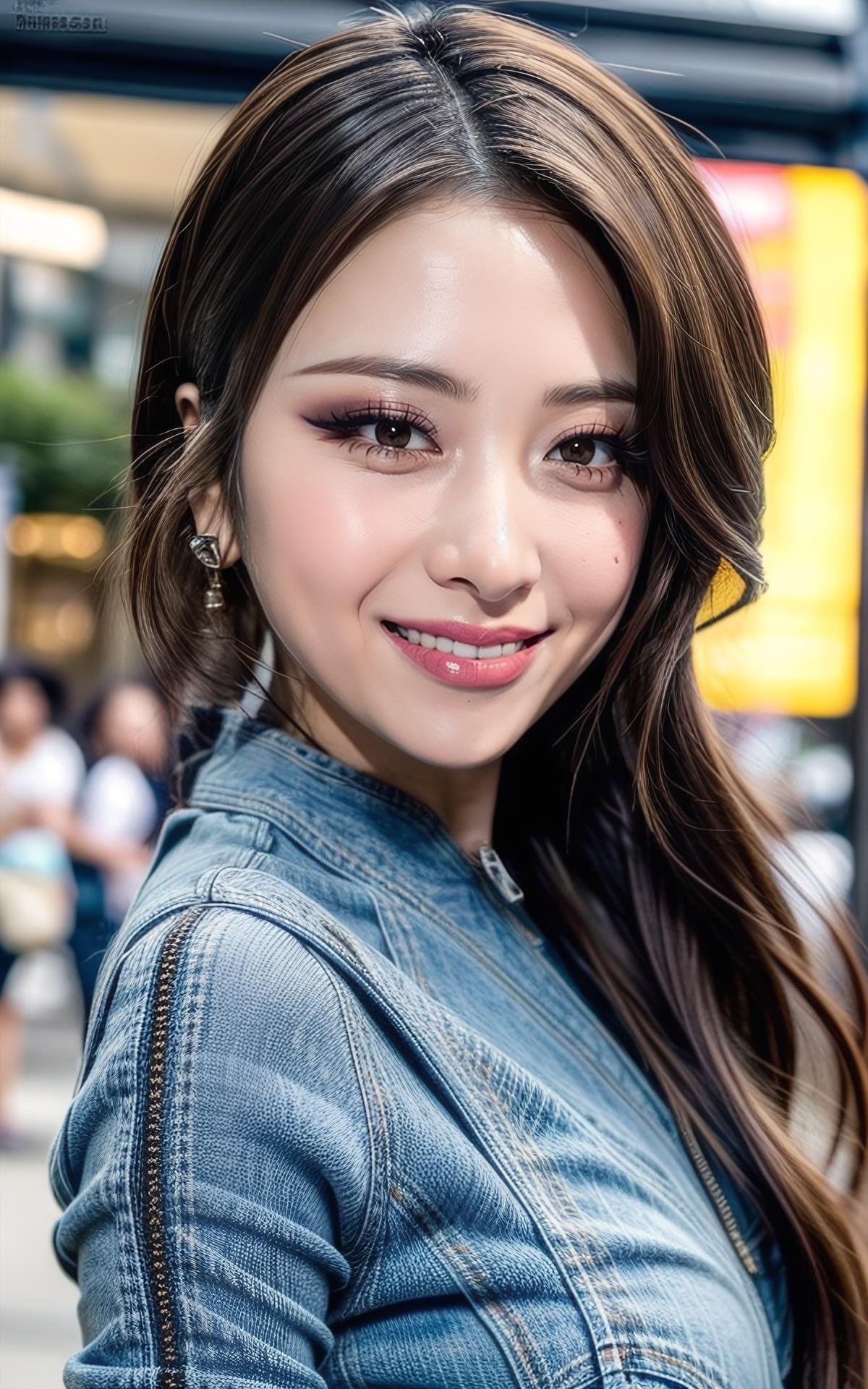 (makeup:1.2) (smiling:1.2), (fullbody:1.2),  (realistic), (hyperrealism), (photorealistic:1.4), 1girl,  looking at the viewer, eye makeup, detailed eyes, detailed face, (upper body:1.2), detailed background, walking at the streets, sunset, (windy:1.2)  z1pp3rsw3at3r,, sleeves past wrists, zipper sweater, Denim jeans <lora:more_details:1>  <lora:zoom_slider_v1:2>   <lora:Yunjin_V1:1> B_Yunjin_V1 1woman