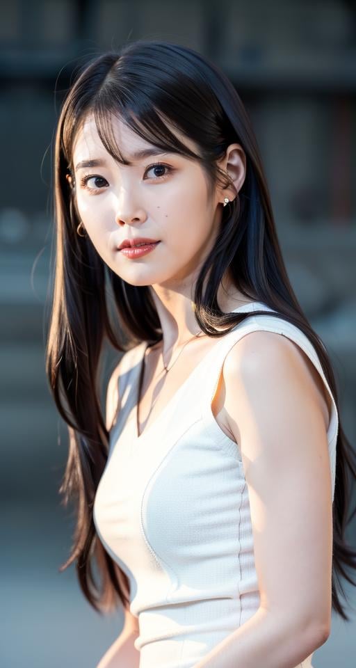 <lora:IU_V1:1> B_IU 1girl, <lora:breastsizeslideroffset:-0.2>  <lora:perfect hands:1> Perfect Hands,, Best quality, masterpiece, ultra high res, (photorealistic:1.4), raw photo,1girl, solo, realistic, (looking at viewer:1.2), upper body,simple gray background, white dress, long hair 