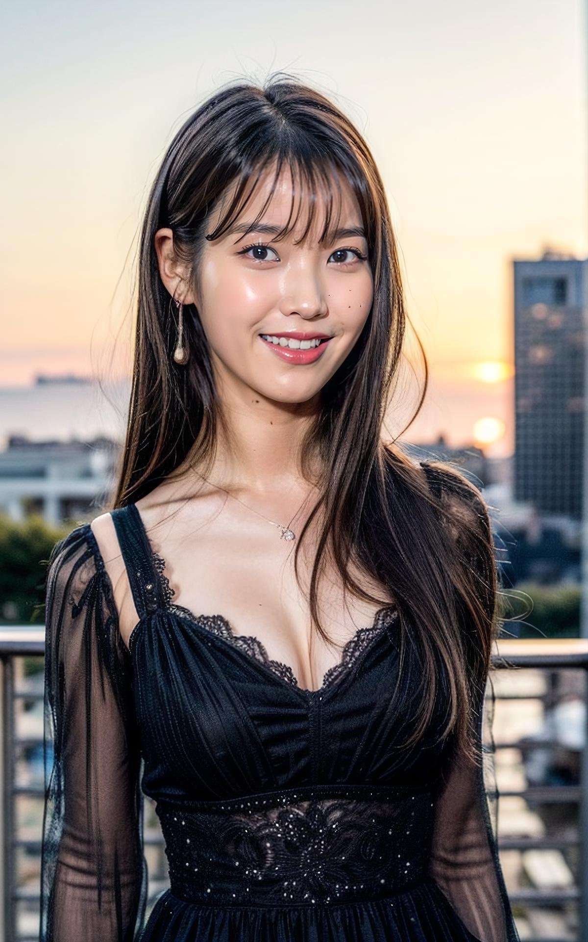 (bangs:1.2), (smile:1.2),<lora:more_details:1> ,, (realistic), (hyperrealism), (photorealistic:1.4), 1girl, looking at the viewer, eye makeup, detailed eyes, detailed face, (upper body:1.2), detailed background, black dress, walking at the streets, sunset, (windy:1.2)  <lora:IU_V2:1> B_IU_V2 1woman