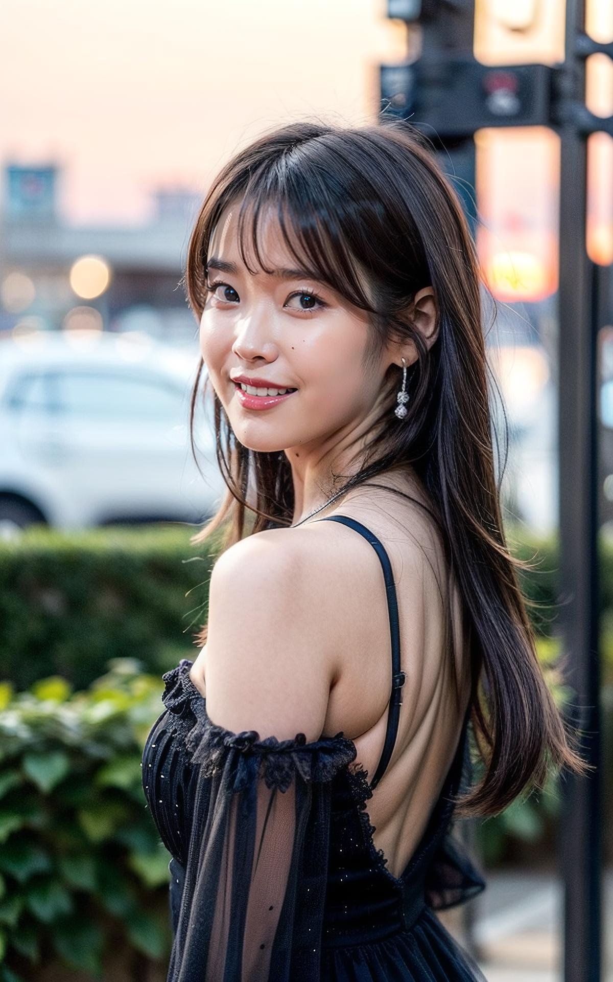 (bangs:1.2), (smile:1.2),<lora:more_details:1> ,, (realistic), (hyperrealism), (photorealistic:1.4), 1girl, looking at the viewer, eye makeup, detailed eyes, detailed face, (upper body:1.2), detailed background, black dress, walking at the streets, sunset, (windy:1.2)  <lora:IU_V2:1> B_IU_V2 1woman