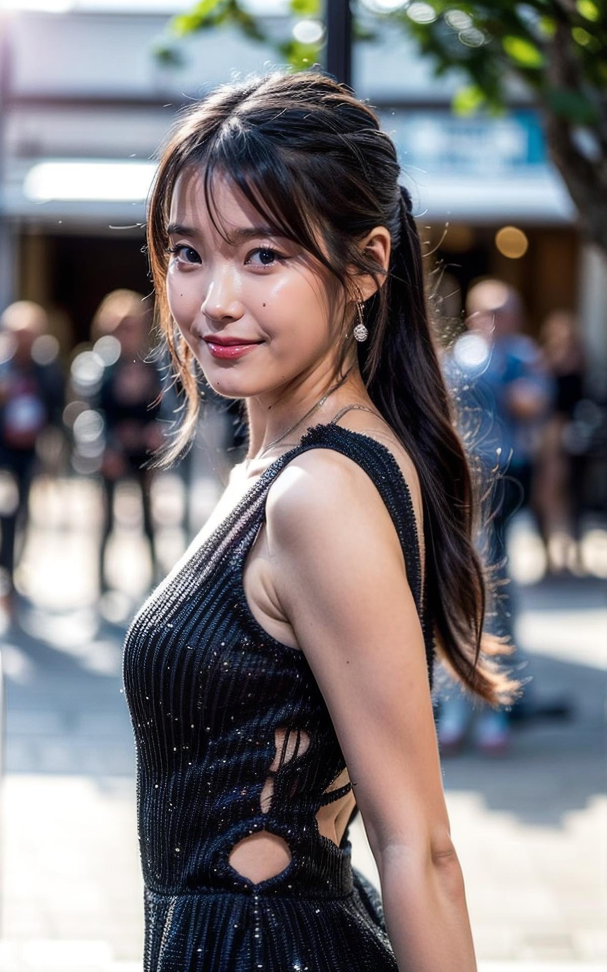 (bangs:1.2), (smile:1.2),<lora:more_details:1> ,, (realistic), (hyperrealism), (photorealistic:1.4), 1girl, looking at the viewer, eye makeup, detailed eyes, detailed face, (upper body:1.2), detailed background, black dress, walking at the streets, sunset, (windy:1.2)  <lora:IU_V2:1> B_IU_V2 1woman