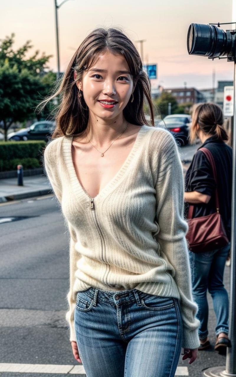 <lora:IU_V2:1> B_IU_V2 1woman,, (smiling:1.2),  , (fullbody:1.2),  (realistic), (hyperrealism), (photorealistic:1.4), 1girl,  looking at the viewer, eye makeup, detailed eyes, detailed face, (upper body:1.2), detailed background, walking at the streets, sunset, (windy:1.2)  z1pp3rsw3at3r,, sleeves past wrists, zipper sweater, Denim jeans <lora:more_details:1>  