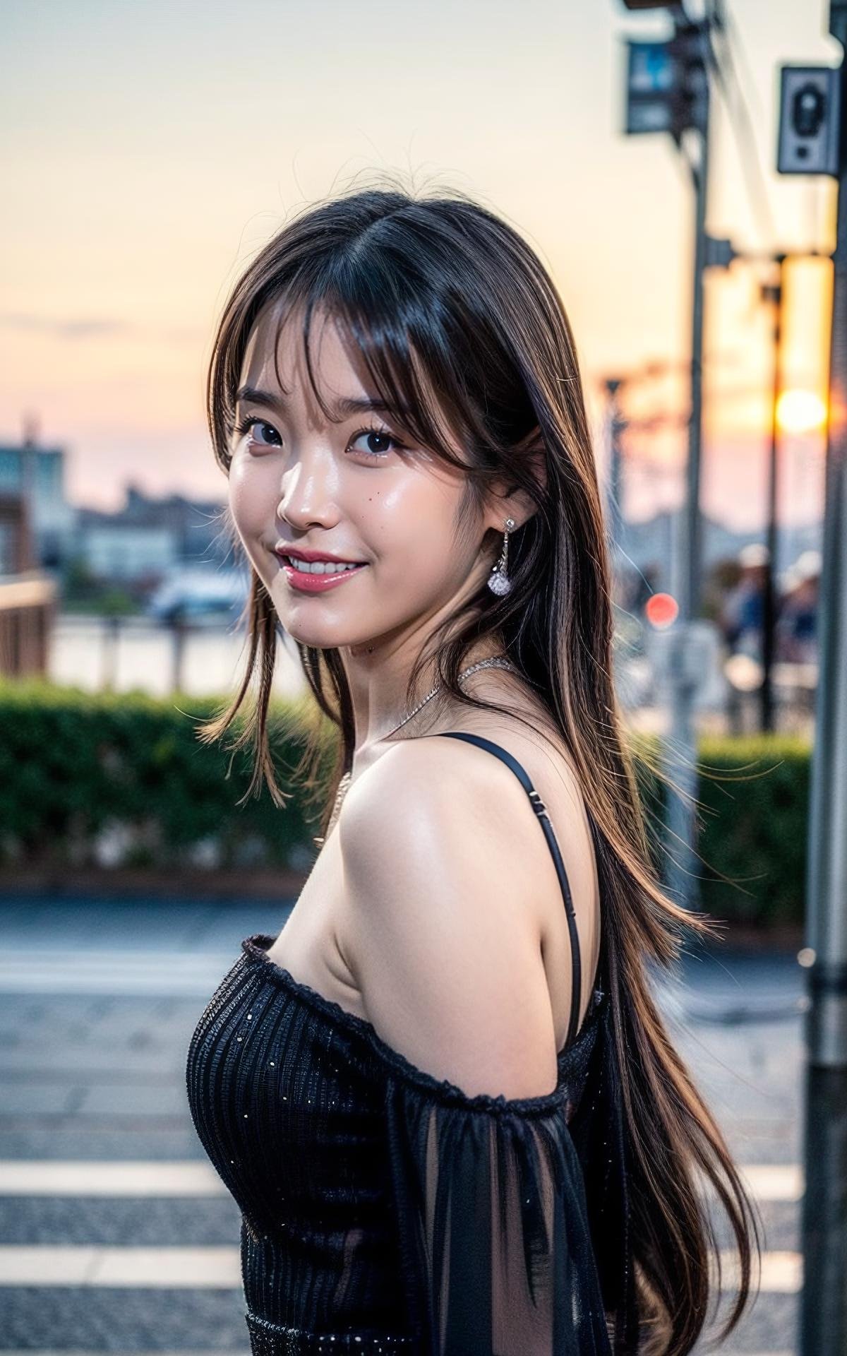 (bangs:1.2), (smile:1.2),<lora:more_details:1> ,, (realistic), (hyperrealism), (photorealistic:1.4), 1girl, looking at the viewer, eye makeup, detailed eyes, detailed face, (upper body:1.2), detailed background, black dress, walking at the streets, sunset, (windy:1.2)  <lora:IU_V2:1> B_IU_V2 1woman