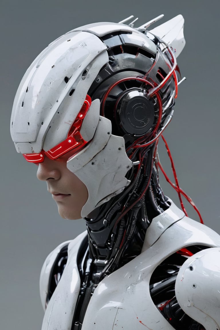 1boy, cyborg plated scalp, red tubes, cyborg half glass helmet, cyborg armor, white plated cyborg armor, CYT