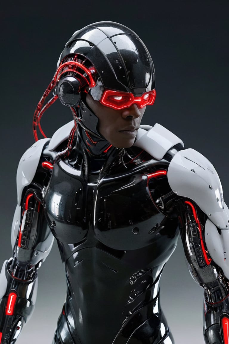 1boy, dark skinned, cyborg plated scalp, red tubes, cyborg half glass helmet, cyborg armor, white plated cyborg armor, CYT