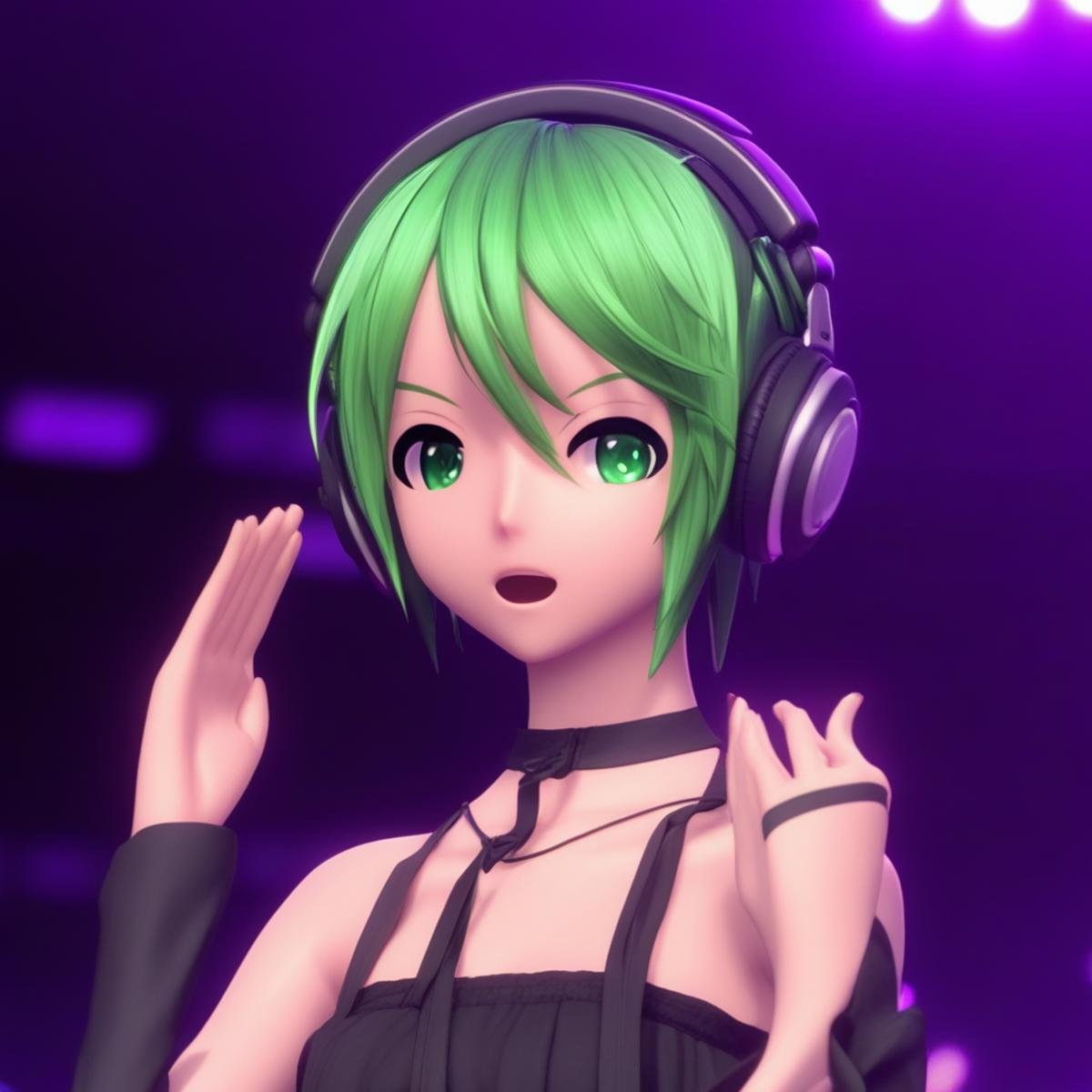 Vocaloid, Project Diva game, anime game, short green hair, female, concert, purple eyes, straight dress, headphones, game still, high quality, 4k quality