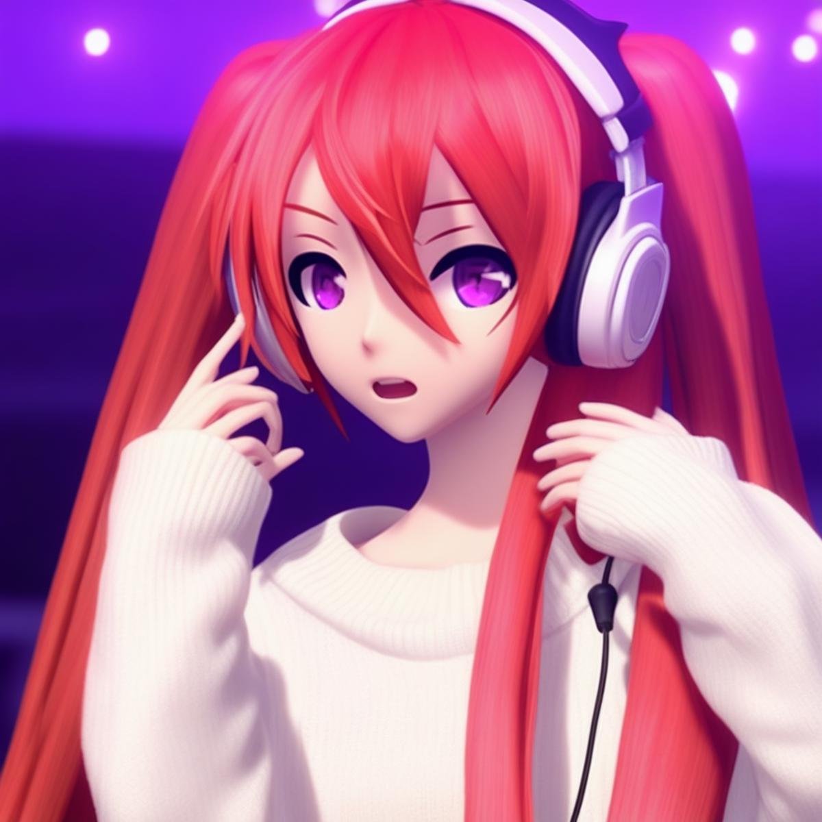 Vocaloid, Project Diva game, anime game, long red hair, female, concert, purple eyes, cute white oversized sweater, headphones, game still, high quality, 4k quality