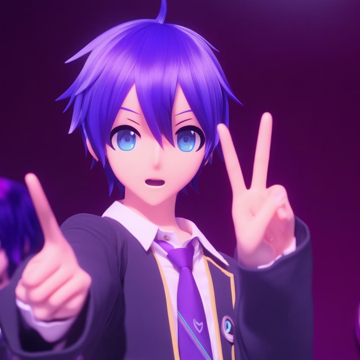 Vocaloid, Project Diva game, anime game, short blue hair, male, concert, purple eyes, school uniform, peace sign, game still, high quality, 4k quality