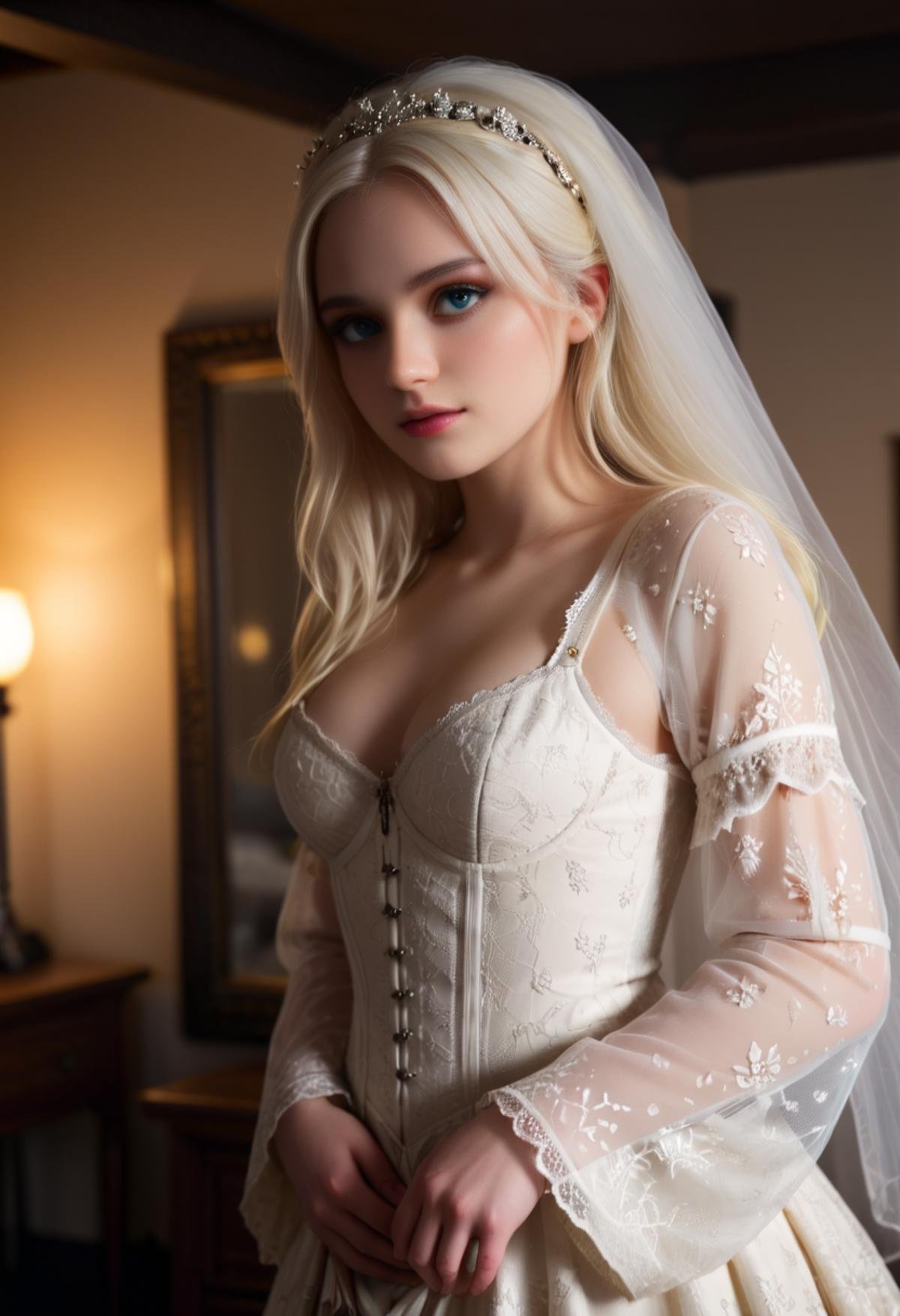 cinematic film still ((extremely detailed CG unity 8k wallpaper)), masterpiece, ultra-detailed, floating, high resolution, sexually suggestive, (petite, absurdly long white hair, princess, white mage, blue eyes, (ornate long white and red see through layered long dress with long detached wide sleeves and intricate embroidery), bridal veil, circlet, bridal gauntlets, blushing, shy, arched back, ruffled petticoat, ornate corset, holding dress, . shallow depth of field, vignette, highly detailed, high budget, bokeh, cinemascope, moody, epic, gorgeous, film grain, grainy