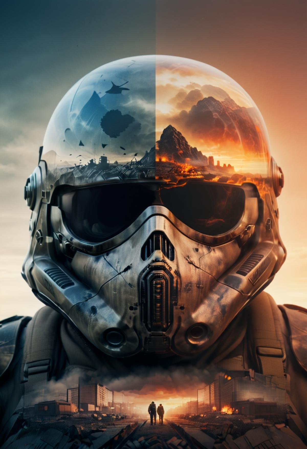 orangeblack, vaultboystyle, double exposure, doubleexposurestyle, power armor helmet, nuclear wasteland scene, atomic bomb, symmetrical,