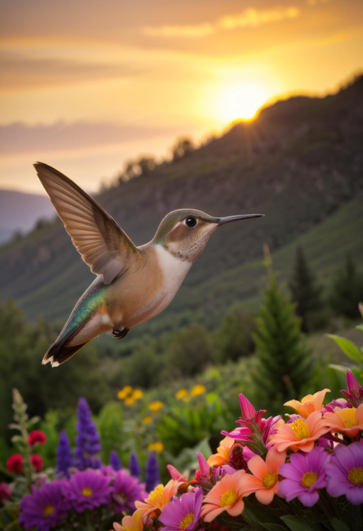 "Create an image of a vibrant hummingbird hovering over a cluster of colorful flowers, set against the backdrop of a stunning sunset. The sky is painted with hues of orange, pink, and purple, casting a warm glow over the scene. The hummingbird's wings are a blur of motion as it delicately hovers, and the flowers are in full bloom, their petals glistening in the fading light. Capture the tranquility and beauty of this peaceful moment in nature."