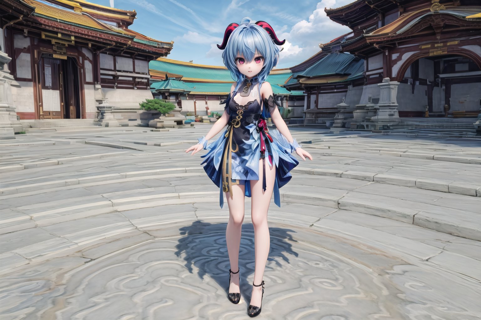 1girl, solo_female, full body view of Ganyu_Impact, horns, blue hair, show me your beautiful alternate costume, blurry_background, HDR, 32k UHD, insane detailed, bright blue dress, multicolored dress, black dress, blue dress, photorealistic, stands in Lyiue,
