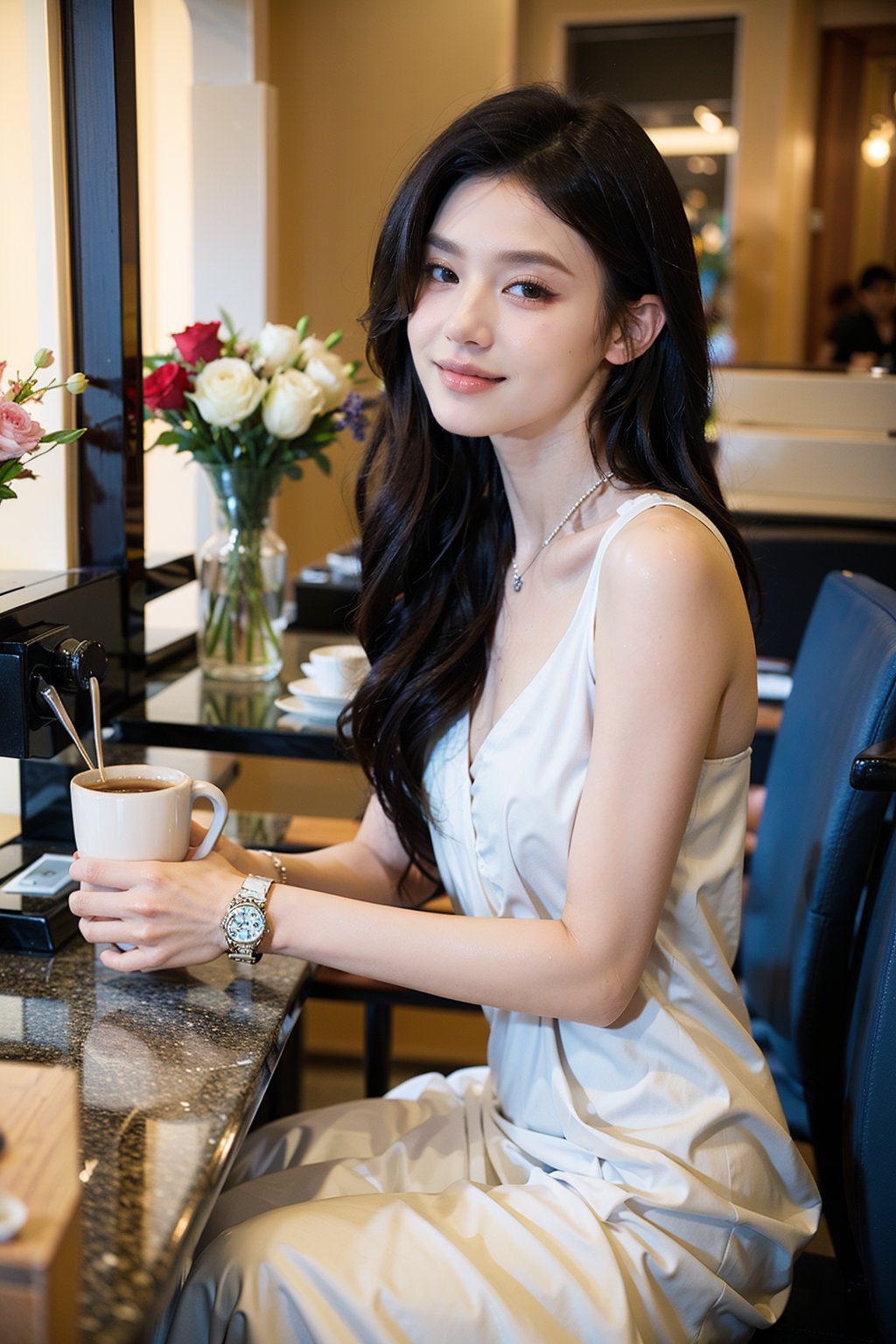 1girl, beautiful, black hair, long hair, smiling, coffee shop, sitting, (20yo:1.3), detailed eyes, light blush, white dress, (flowers in hair:1.1), looking at viewer, counter, espresso machine, cups, pastries, warm lighting, cosy atmosphere, beautifully detailed background, realistic, ambient light, (cinematic composition:1.3), HDR, Accent Lighting, wide-angle lens, best quality, masterpiece.