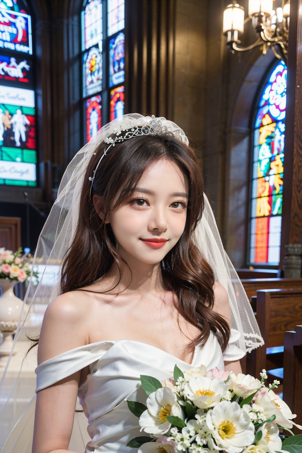 1girl, wedding scene, beautiful, black hair, long hair, (bride:1.2), white wedding dress, veil, holding bouquet, (smile:1.1), sparkling eyes, surrounded by guests, church interior, stained glass windows, flower decorations, candlelight, warm atmosphere, detailed background, depth of field, realistic, ambient light, (cinematic composition:1.3), high definition, best quality, masterpiece.