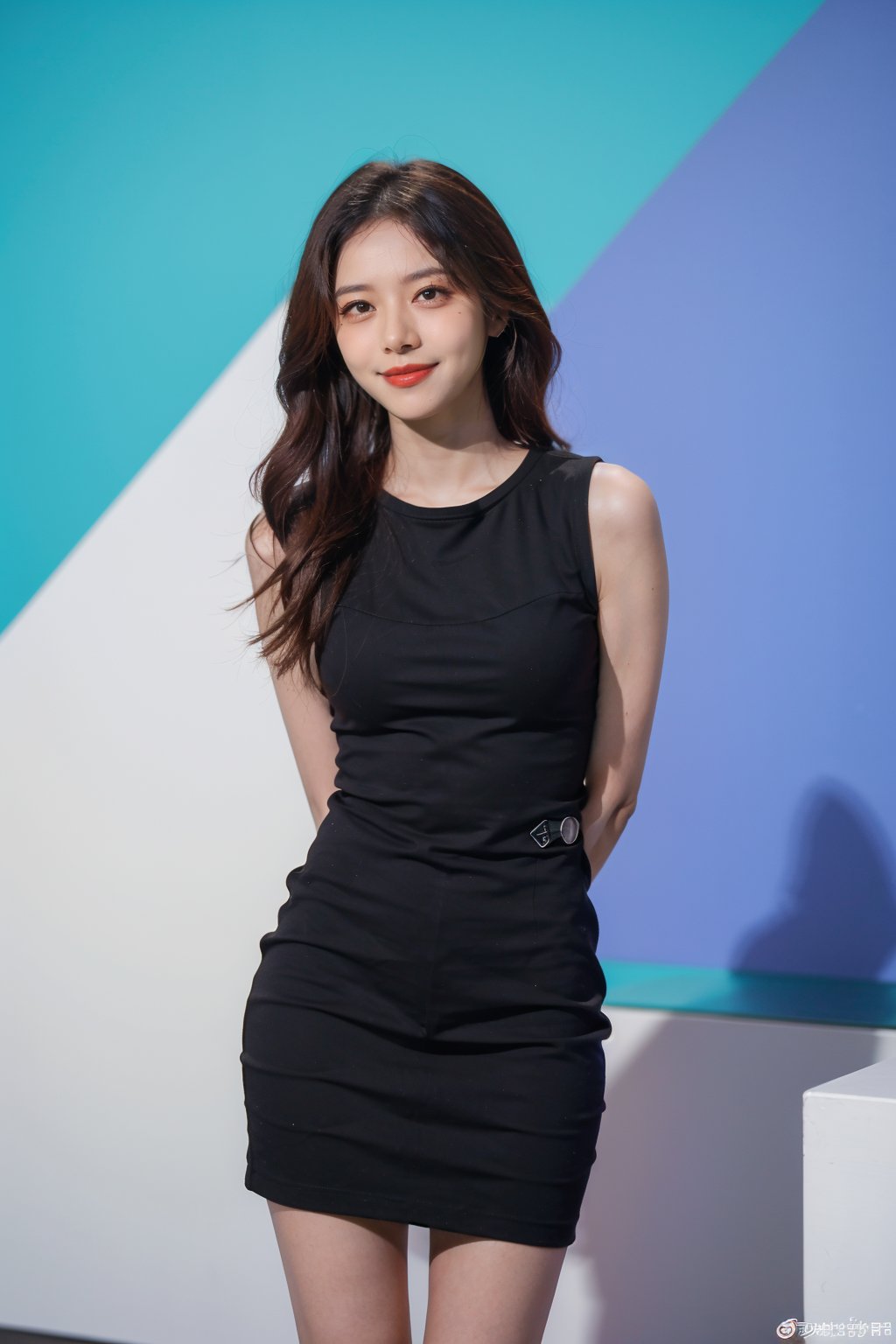 best quality,masterpiece,ultra high res,looking at viewer,simple background, 1girl, solo, looking_at_viewer, black hair,realistic,(standing),slim,(smile)(,hands_behind_back),