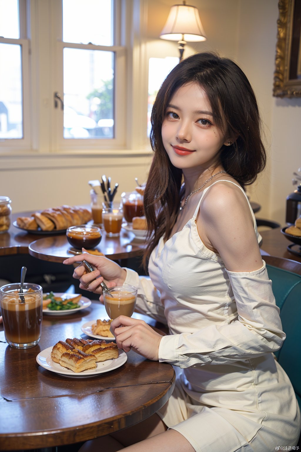 1girl, beautiful, black hair, long hair, smiling, coffee shop, sitting, (20yo:1.3), detailed eyes, light blush, white dress, (flowers in hair:1.1), looking at viewer, counter, espresso machine, cups, pastries, warm lighting, cosy atmosphere, beautifully detailed background, realistic, ambient light, (cinematic composition:1.3), HDR, Accent Lighting, wide-angle lens, best quality, masterpiece.