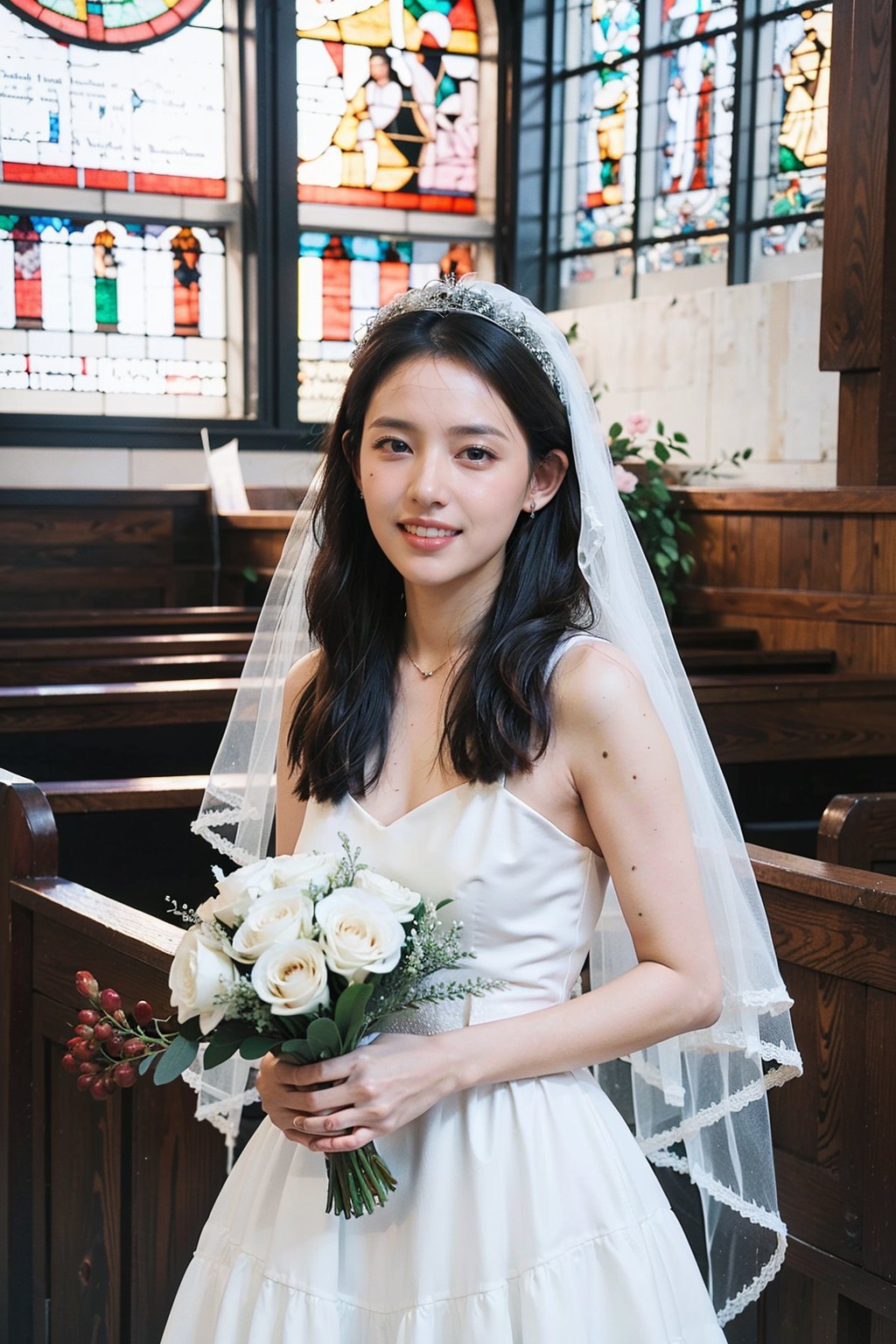 1girl, wedding scene, beautiful, black hair, long hair, (bride:1.2), white wedding dress, veil, holding bouquet, (smile:1.1), sparkling eyes, surrounded by guests, church interior, stained glass windows, flower decorations, candlelight, warm atmosphere, detailed background, depth of field, realistic, ambient light, (cinematic composition:1.3), high definition, best quality, masterpiece.