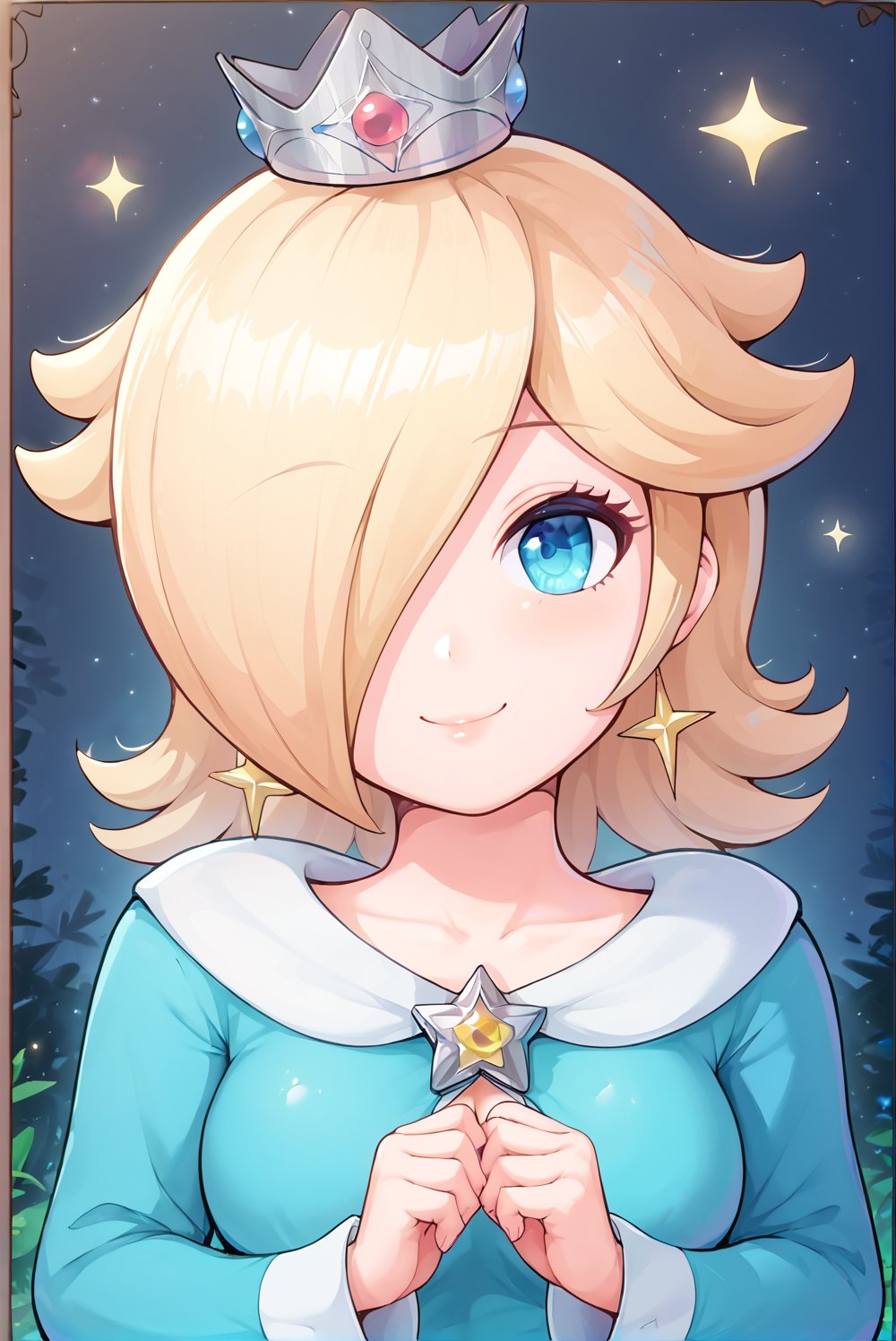 score_9_up, score_8_up, score_7_up, source_anime, 1girl, beautiful detailed eyes, ((masterpiece,best quality)), absurdres, solo, princess rosalina, short hair, blonde hair,  silver crown, blue eyes, long sleeves, smile, curvy, head tilt