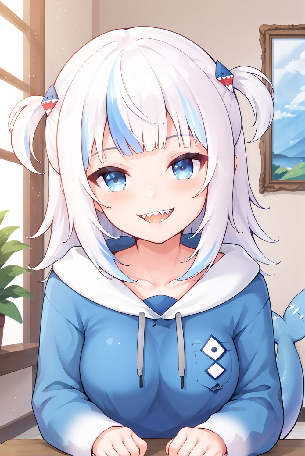 score_9_up, score_8_up, score_7_up, source_anime, 1girl, beautiful detailed eyes, ((masterpiece,best quality)), solo, ((gawr gura)), virtual youtuber, gawr gura 1st costume, sharp teeths, medium hair, white hair, hair ornament,  ((hood up)), blue hoodie, shark tail, smile, curvy, head tilt