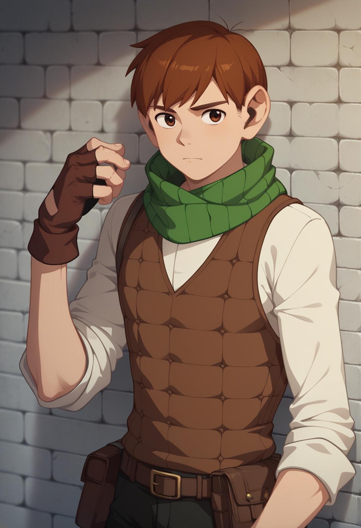 score_9, score_8_up, score_7_up, score_6_up, 1boy, ,chilchuck tims, brown hair, brown eyes, leather fingerless  gloves, green scarf, long sleeves, sleeves rolled up, brown vest, game cg, best quality, amazing quality, best aesthetic, absurdres, solo ,score_9_up<lora:EMS-347366-EMS:1.000000>