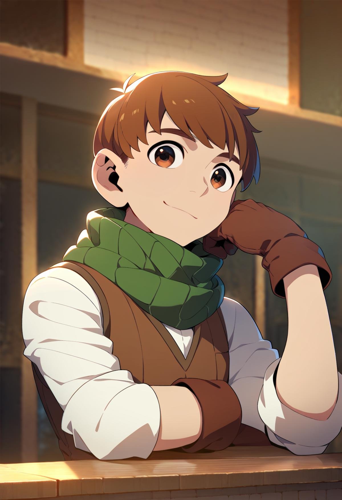 score_9, score_8_up, score_7_up, score_6_up, 1boy, ,chilchuck tims, brown hair, brown eyes, leather gloves, green scarf, long sleeves, sleeves rolled up, brown vest, game cg, best quality, amazing quality, best aesthetic, absurdres, solo ,score_9_up<lora:EMS-347366-EMS:1.000000>