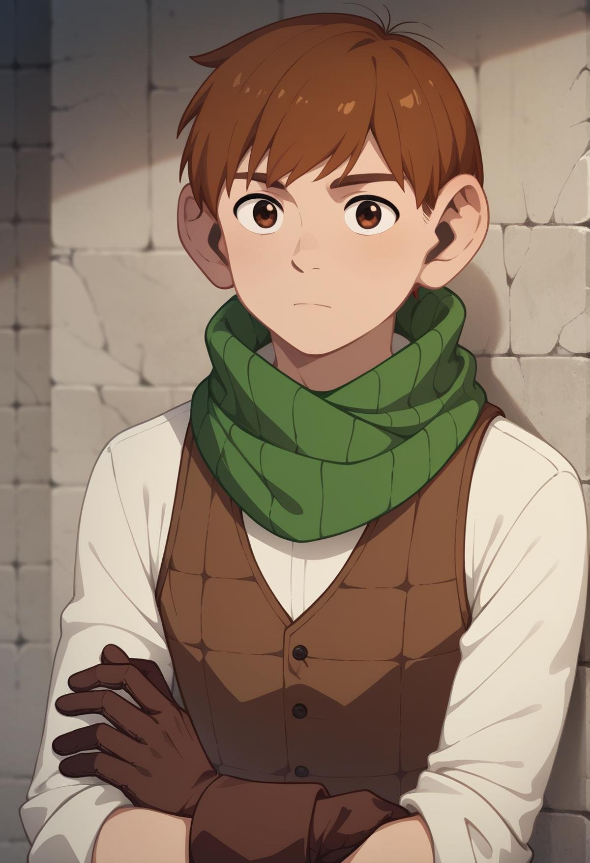 score_9, score_8_up, score_7_up, score_6_up, 1boy, ,chilchuck tims, brown hair, brown eyes, leather   gloves, green scarf, long sleeves, sleeves rolled up, brown vest, game cg, best quality, amazing quality, best aesthetic, absurdres, solo ,score_9_up, ,Butcha, score_5_up<lora:EMS-347366-EMS:1.000000>, <lora:EMS-294031-EMS:1.000000>