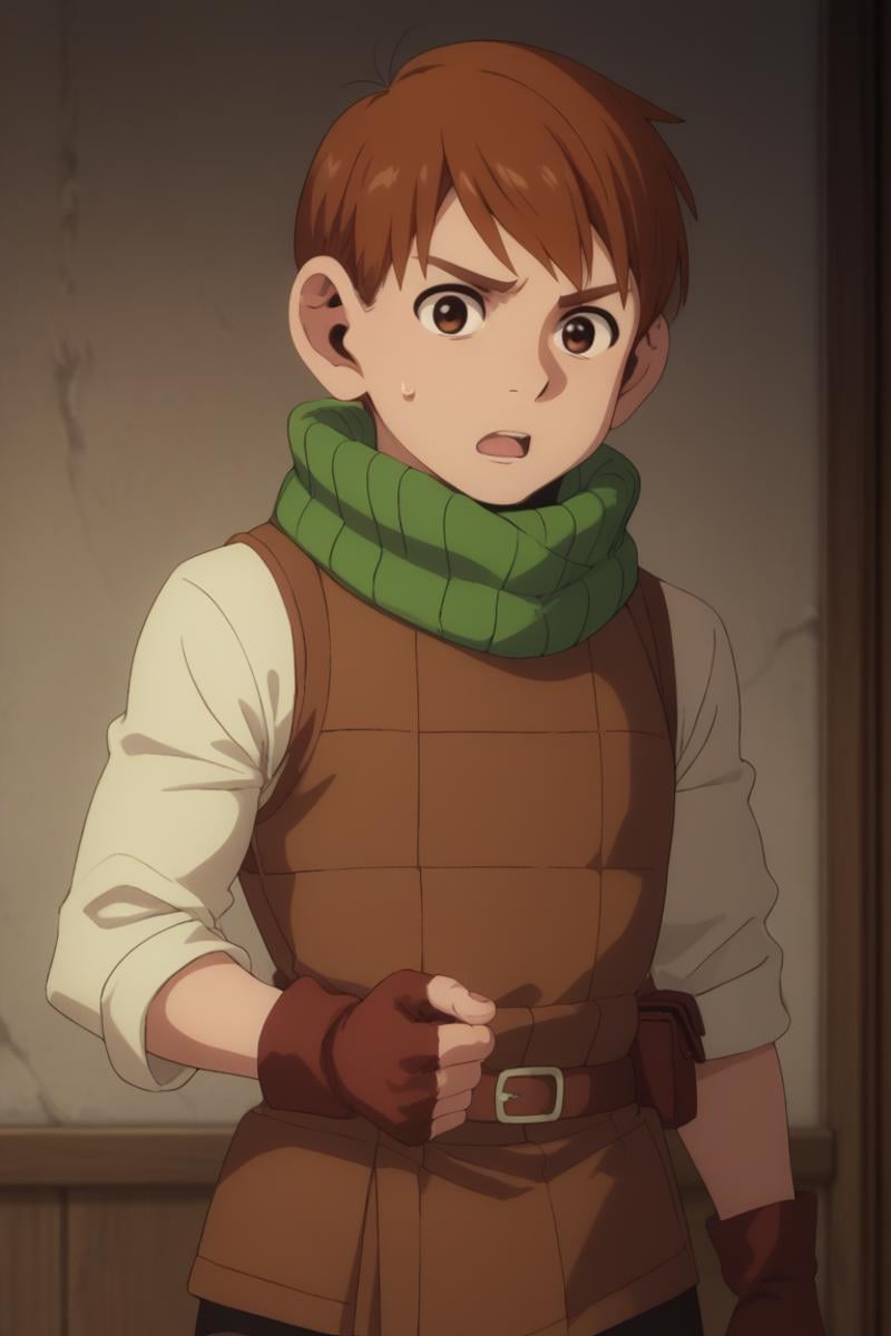 score_9, score_8_up, score_7_up, score_6_up, detailed, intricate details,cowboy shot,best quality ,source_anime, male focus,chilchuck tims, brown hair, brown eyes, 1boy, male focus, solo, gloves, open mouth, fingerless gloves, green scarf, scarf, sweatdrop, anime coloring, clenched hand, parody<lora:EMS-411796-EMS:1.000000>