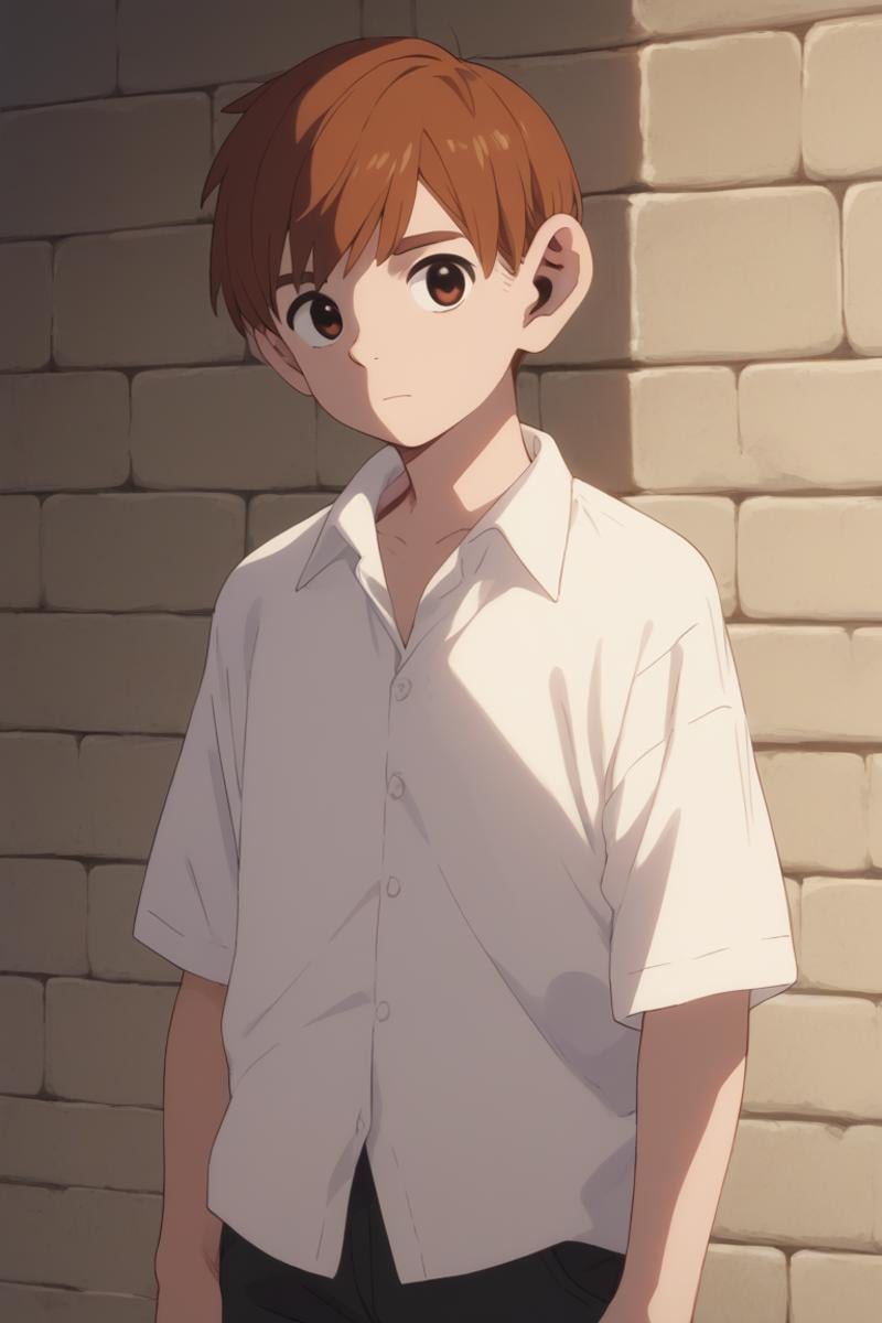 score_9, score_8_up, score_7_up, score_6_up, detailed, intricate details,cowboy shot,best quality ,source_anime, male focus,chilchuck tims, brown hair, brown eyes, 1boy, male focus, solo, looking at viewer, shirt, anime coloring, white shirt, brick wall, parody, collared shirt<lora:EMS-411796-EMS:1.000000>