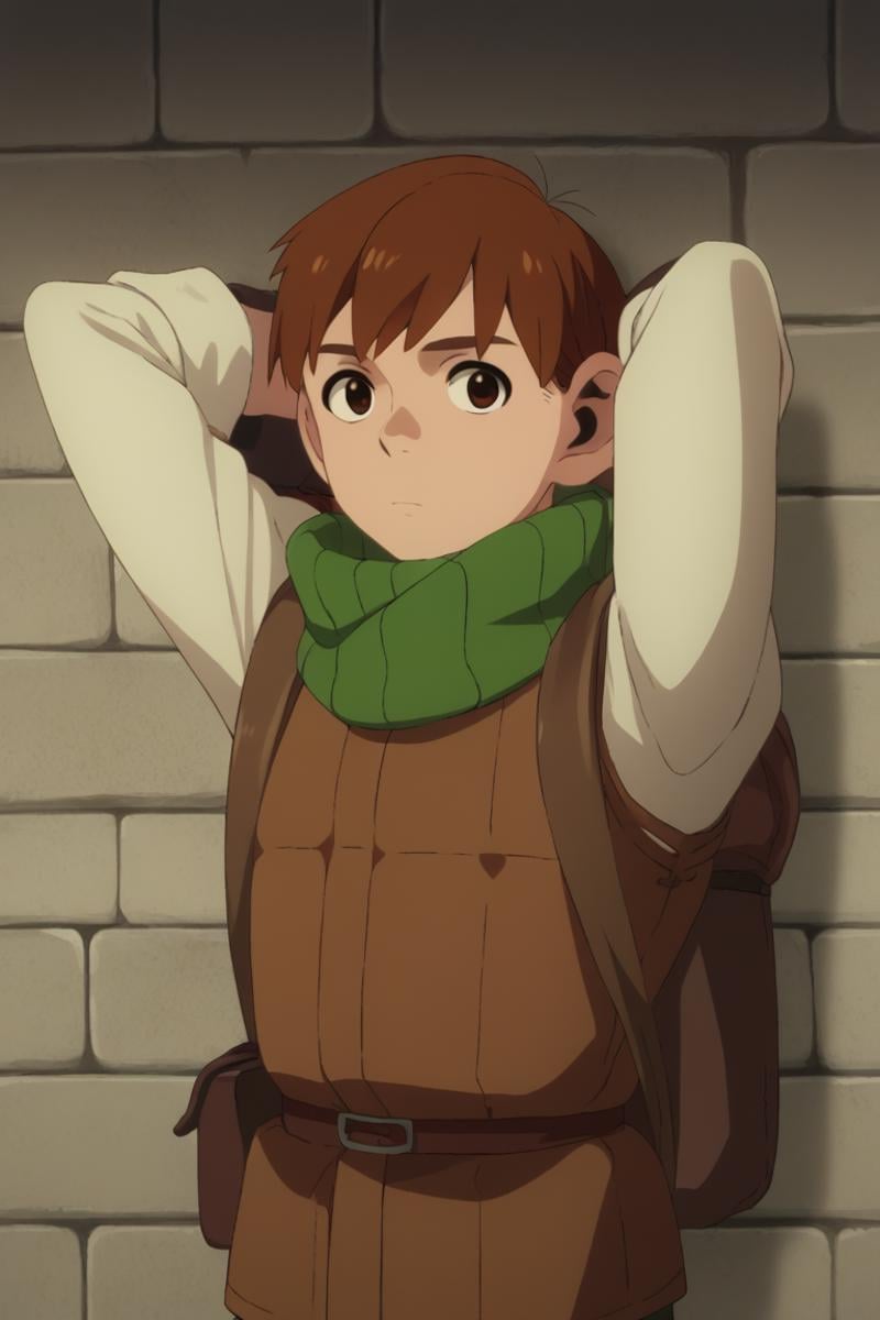 score_9, score_8_up, score_7_up, score_6_up, detailed, intricate details,cowboy shot,best quality ,source_anime, male focus,chilchuck tims, brown hair, brown eyes, 1boy, male focus, solo, backpack, bag, anime coloring, green scarf, scarf, arms behind head, parody, upper body, looking at viewer, style parody, long sleeves, brick wall, Butcha<lora:EMS-411796-EMS:1.000000>