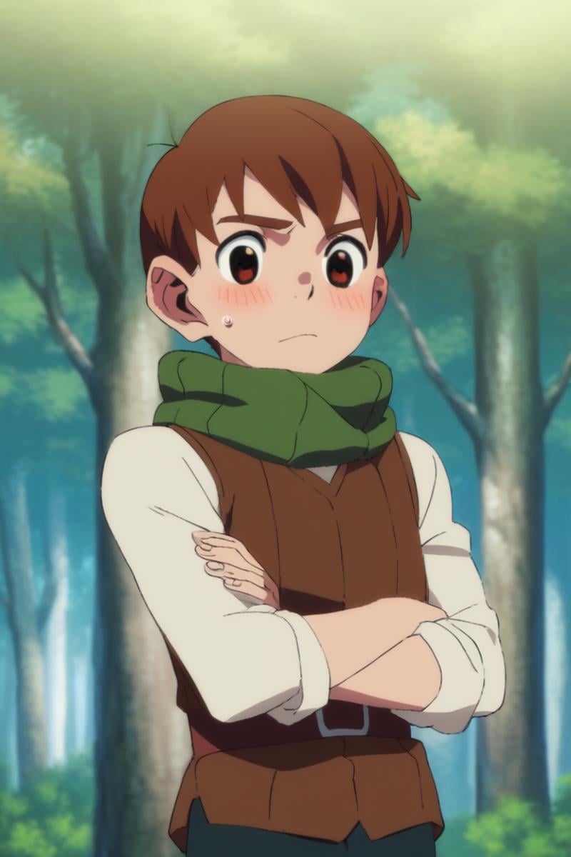 score_9, score_8_up, score_7_up, score_6_up, detailed, intricate details,cowboy shot,best quality ,source_anime, male focus,chilchuck tims, brown hair, brown eyes, 1boy, blush, male focus, crossed arms, solo, tree, sweatdrop, outdoors, green scarf, nature<lora:EMS-411796-EMS:1.000000>