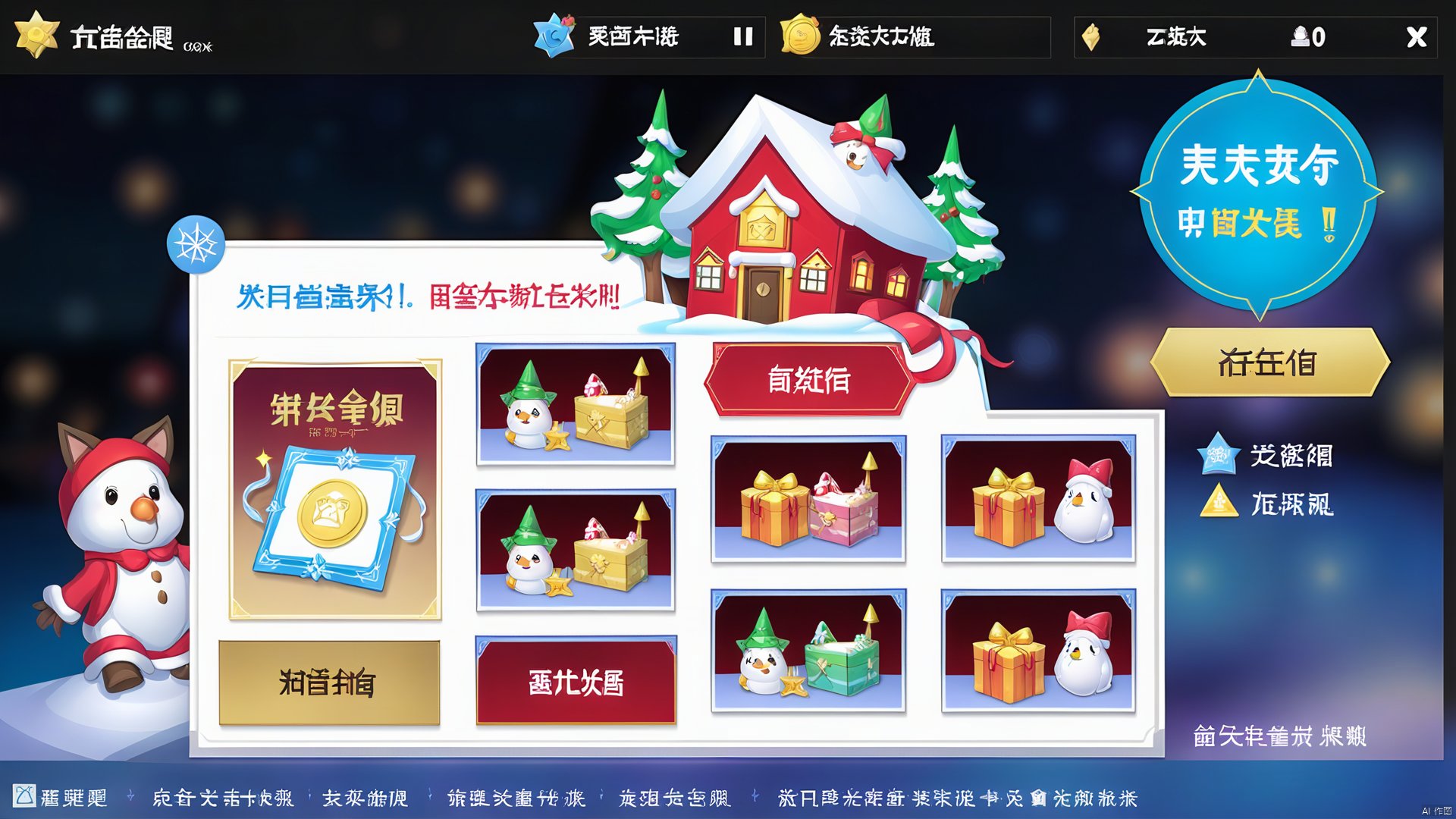 The center pop-up frame is designed to look like a holiday card and is decorated with ribbons and bells around the edges. The pop-up box displays the current holiday tasks and reward list. On the left side are completed tasks and holiday props obtained, while on the right side are tasks to be completed and reward tips. There is a "Receive Reward" button below. After clicking, the pop-up box will play a holiday animation.