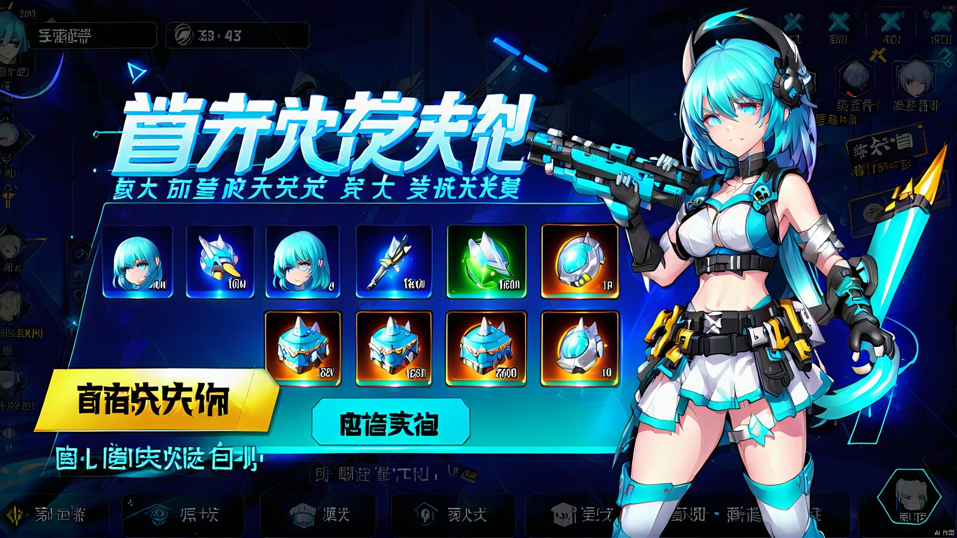 The game interface. In the center of the screen is a female character with long blue hair and white eyes, wearing a combat uniform and holding a weapon and armor. Her hair was tied with a silver headband and she wore a helmet. On the left side of the character, there is a row of six small ICONS, each representing a different equipment or item, and a number next to the icon indicating their number. In the top right corner of the screen, there is a blue button that says "Go to top up." The entire interface has a dark blue background, sprinkled with stars and light effects