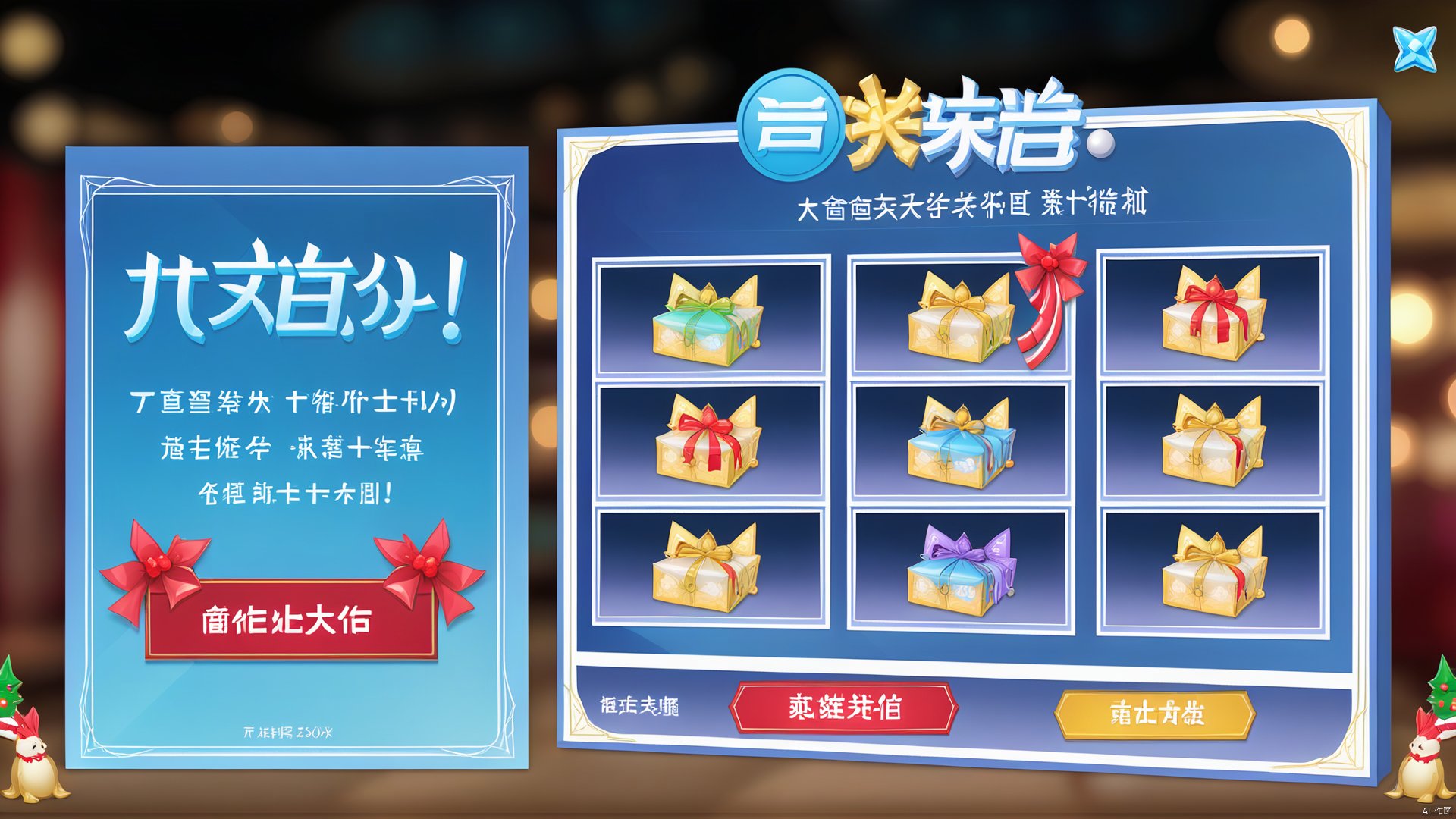 The center pop-up frame is designed to look like a holiday card and is decorated with ribbons and bells around the edges. The pop-up box displays the current holiday tasks and reward list. On the left side are completed tasks and holiday props obtained, while on the right side are tasks to be completed and reward tips. There is a "Receive Reward" button below. After clicking, the pop-up box will play a holiday animation.